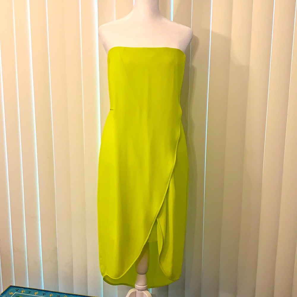 BCBG neon yellow strapless silk dress NWT